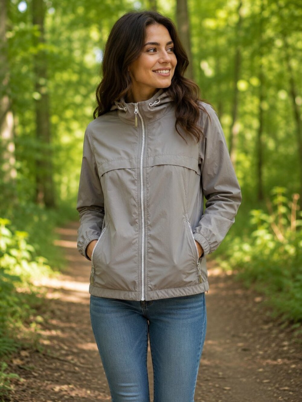 Bench Women's Hooded Windbreaker Jacket Size S Taupe Lightweight Zip Front Coat